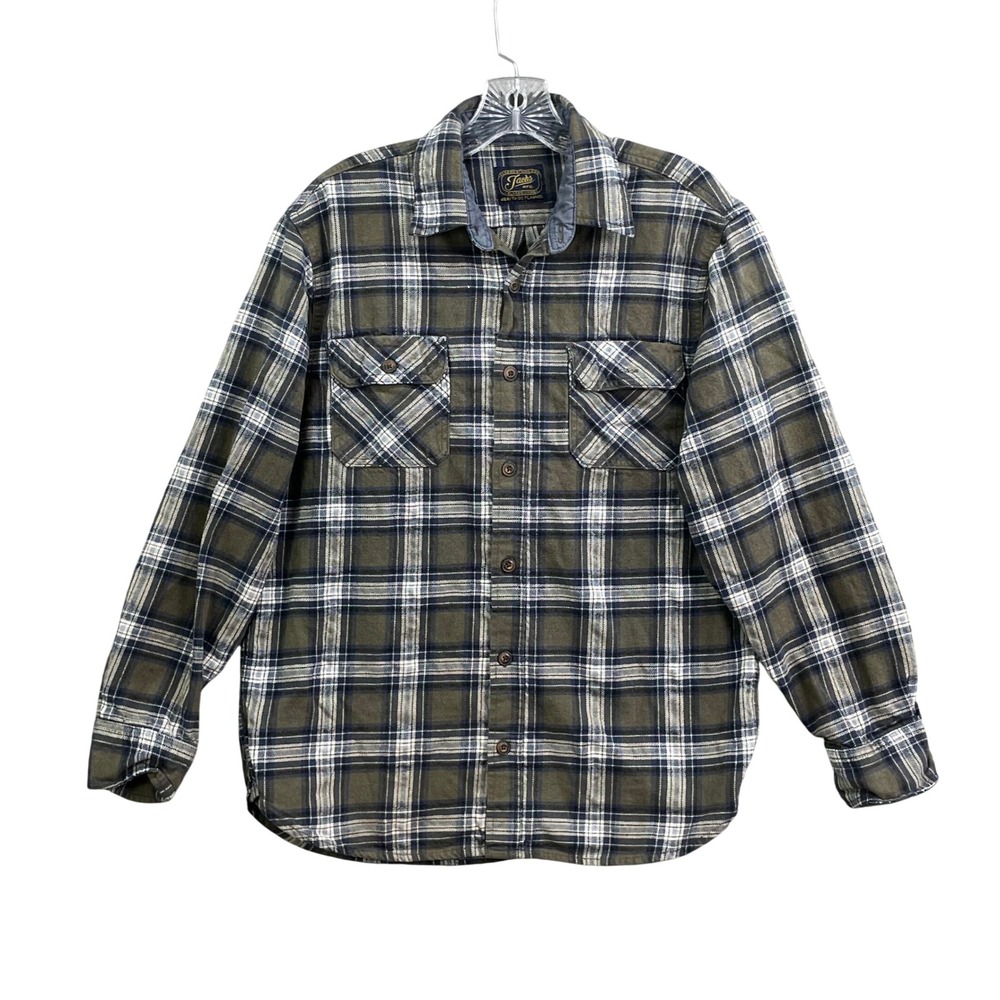 Jachs Heritage Flannel Shirt Men's Large Olive Green Plaid Button Down‎ Cotton